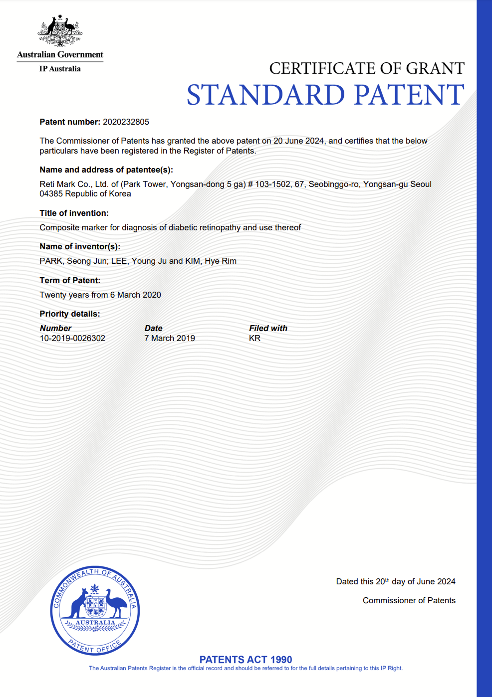 Australia Patent Certificate (Combination maker for diagnosis of diabetic retinopathy and use thereof).png